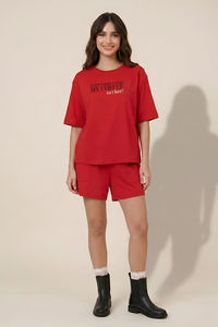 Zivame Devil Wears Prada Knit Cotton Loungewear Short Set - Flame Scarlet — thumbnail 3